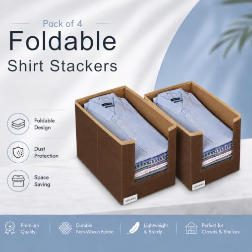 Image of VERVENIX Shirt Stacker Set of 4, Non Woven Foldable Clothes Storage Organizer with Handle, Wardrobe Closet Organizer, Space Saving Cloth Organizer for T-Shirts, Shirts, Jeans, Brown