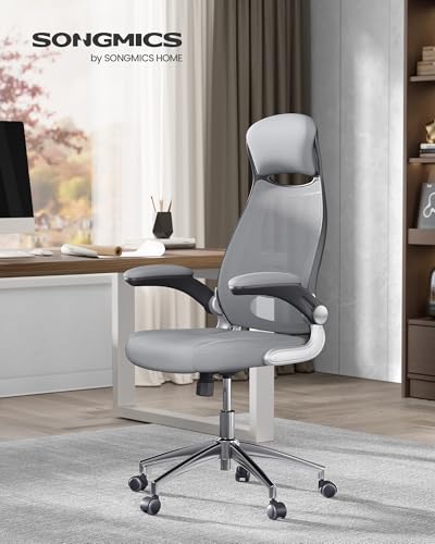 Sedia da Ufficio, Poltrona Girevole, con Braccioli Ribaltabili, Poggiatesta e Supporto Lombare, Inclinazione ad Oscillamento, Superficie in Rete, Grigio Tortora OBN86G01 - Sedia gaming - Immagine 1