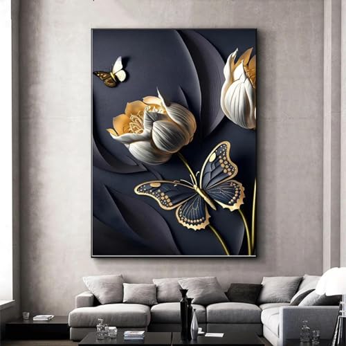 Impression sur toile lotus art mural d'exception aux lignes de papillon doré