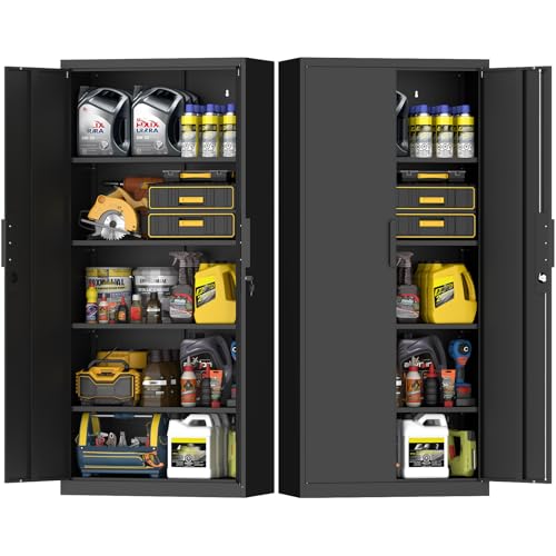 Image of Black Storage Cabinet, Metal Garage Storage Cabinets with Adjustable Shelves, 72.05 inch H Heavy Duty Tall Cabinet with Locking Doors, Steel Organizer for Basement, School
