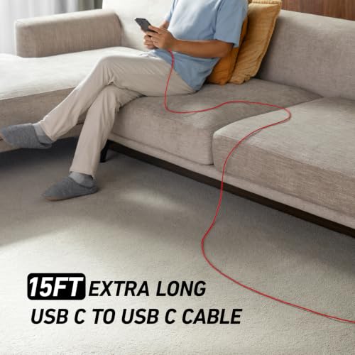 Image of Extra Long USB C to USB C Cable 15FT 100W, USBC Charger Fast Charging Cord Braided, Type C Cable for iPhone 17 Pro Max, 16 15, iPad Pro /Air /Mini, MacBook, Samsung Phones, Tablets & Laptops - Red