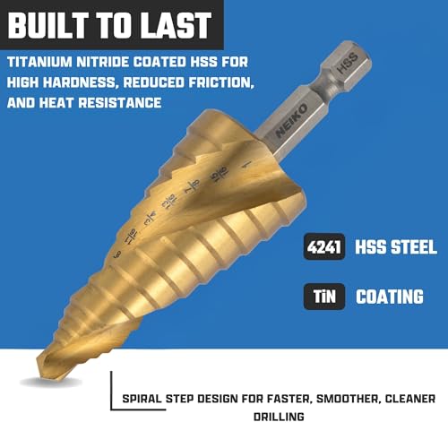 Image of NEIKO 10625A Step Drill Bit, 9 Steps 1 /2 inch to 1 inch Spiral High Speed Steel, Titanium Nitride Coated, 1 /4 inch Quick Change Step Bits for Steel, Metal, Wood, Plastic, Unibit Cone Drill Bits, Two Flute