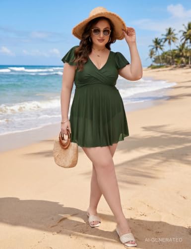 Image of Blooming Jelly Women's Plus Size Bathing Suit One Piece Swim Dress Tummy Control Swimsuits Ruffle V Neck Swimwear