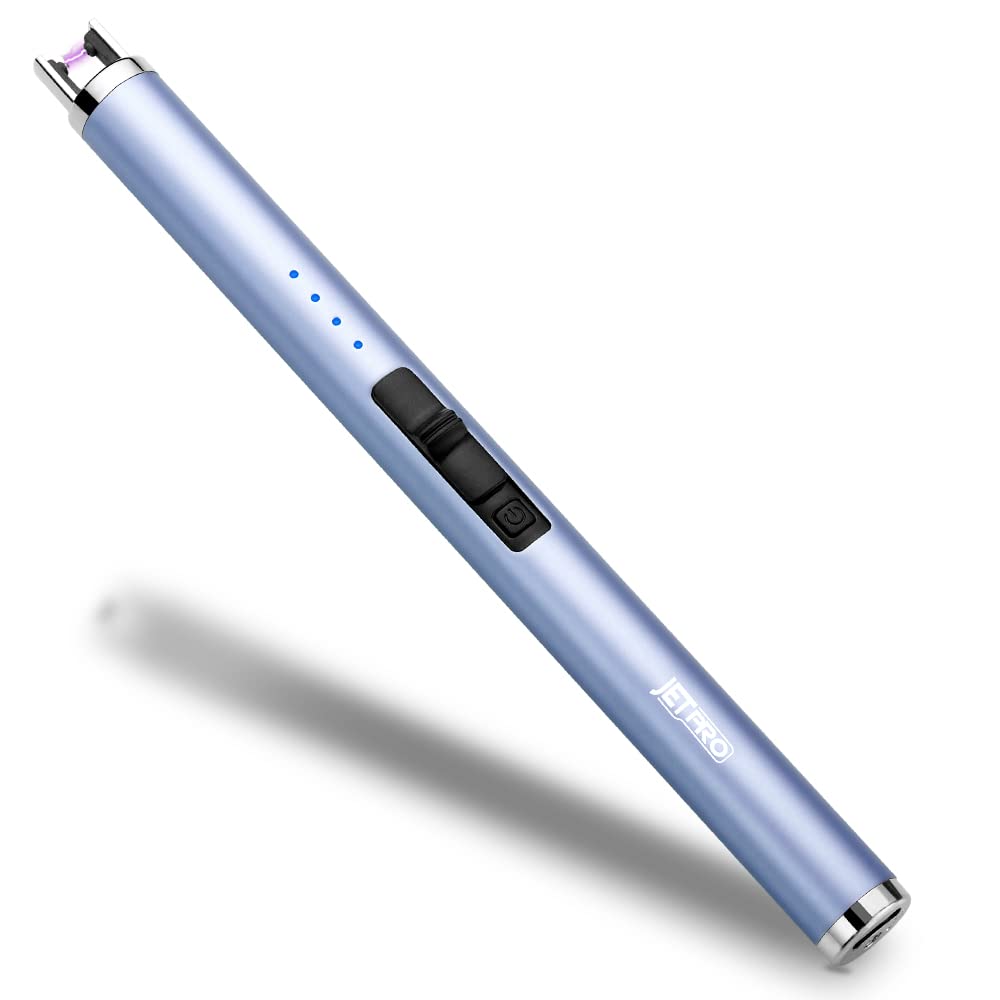 USB Rechargeable Candle Lighter Electronic Arc Lighter Windproof Flameless with Safety Button for Camping Cooking BBQ (Blue)