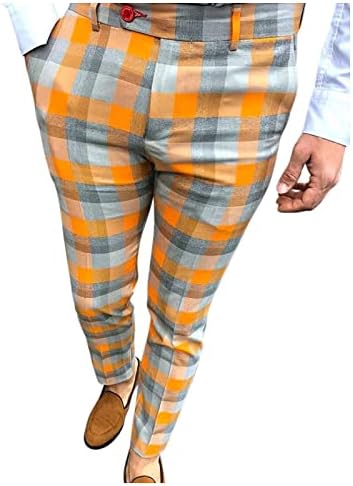 Men's Casual Plaid Dress Pants Stretch Flat-Front Suit Pant Slim Fit Ankle Length Pencil Tapered Trousers with Pockets Orange