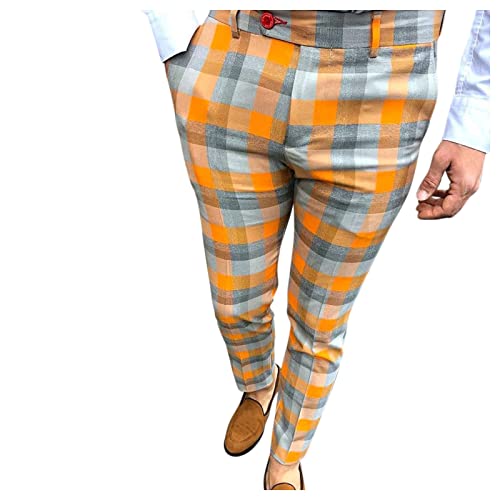 Misaky Men's Slim Fit Plaid Pants Casual Stretch Flat-Front Skinny Business Dress Chino Pant Trousers