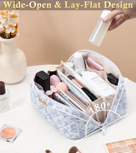Image of Travel Makeup Bag, Large Capacity Puffy Toiletry & Cosmetic Bag for Women | 3 PCS Open Flat Quilted Makeup Cosmetic Organizer, Waterproof w /Clear Divider Portable Pouch for Skincare Travel Essentials
