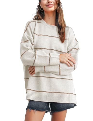 Image of Womens Fall Striped Sweater Lightweight Long Sleeve Cable Soft Knit Oversized Pullover Sweaters Top(Beige-L)