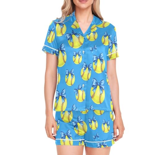 Image of Womens Silk Satin Pajamas Set Western Theme Womens Short Sleeve Shorts Set 2 Piece Sleepwear Lounge Set S-XXL