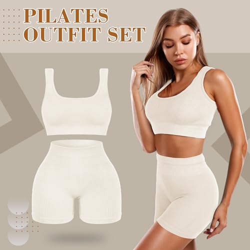 4 Pcs Women's Workout Sets Pilates Exercise Outfit Ribbed Scoop Neck Sports Bra Shorts Leggings Gym Clothes Set2