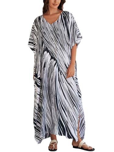 Image of IMAGEKOPE Women's Plus Size Loose Fit Moroccan Print V-Neck Batwing Kaftan Beach Dress Bathing Suit Cover Up