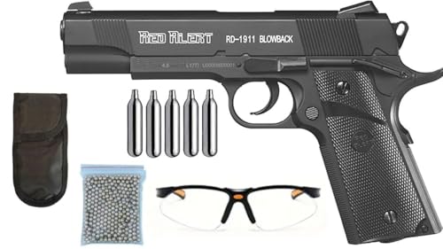 Pack Pistola Aire Comprimido Gamo Red Alert RD-1911 Blowback CO2 – Calibre 4.5mm BBS – Incluye Funda, Balines, Gafas Protectora, y 5 Bombonas CO2 - Pistola Airsoft