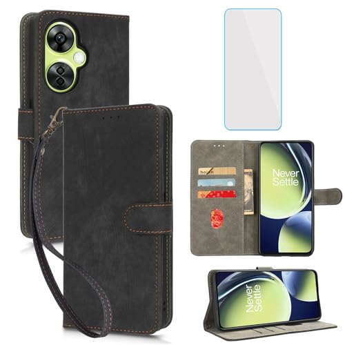 IUQXU Capa carteira para OnePlus Nord CE 3 Lite/N30 com protetor de tela, capa de celular de couro, porta-cartões para 1+ CE3 Lite CE 3Lite OnePlus Nord N 30 - Preto