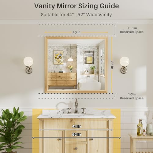 Image of 40x36 Inch Bathroom Mirror for Wall, Anti-Rust Oak Wood Grain Metal Framed Bathroom Mirrors for Over Sink,Rectangler Mirrors for Bathroom Vanity, Farmhouse, Bedroom, Living Room, Entryway Decor