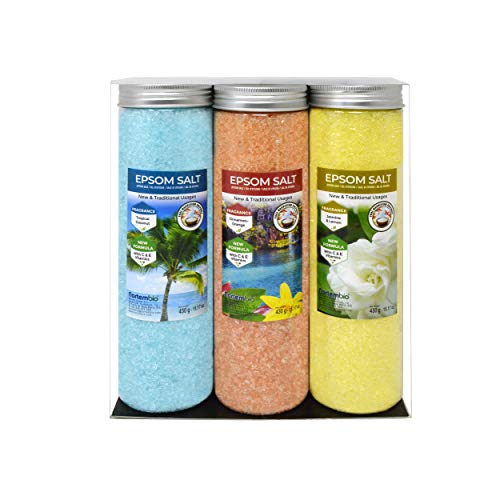 Nortembio Sels du0092Epsom Pack 3 x 430 g. Fragances de Jasmin, Cannelle et Noix de Coco. Hydratés avec de la Vitamine C et E. Sels de Bain, Aromathérapie, Thérapies par Flottaison. E-Book Inclus.