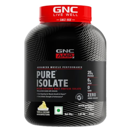 Image of GNC AMP Pure Isolate | 4 lbs | Boosts Performance | Increases Strength & Muscles | DigeZyme For Easy Digestion | Informed Choice Certified | 25g Protein | 6g BCAA | Vanilla Custard