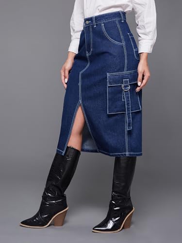 Image of Miss Chase Women's Regular High Rise Above Knee Stretchable Denim Skirt
