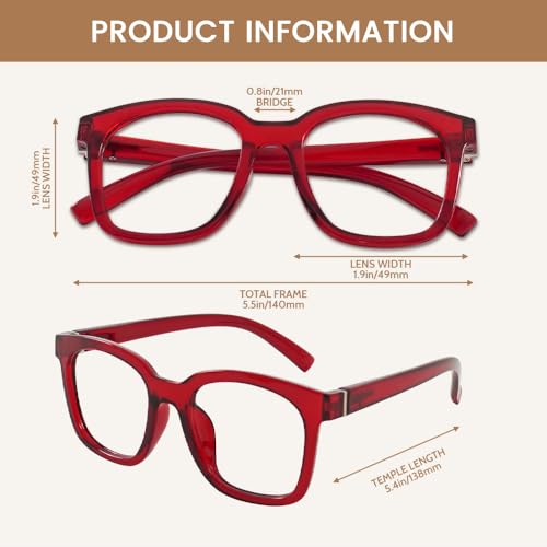 JiSoo Square Reading Glasses Women 1.75, Oversized Ladies Reading Glasses Thick Chunky Readers with Spring Hinge, Red - Image 4