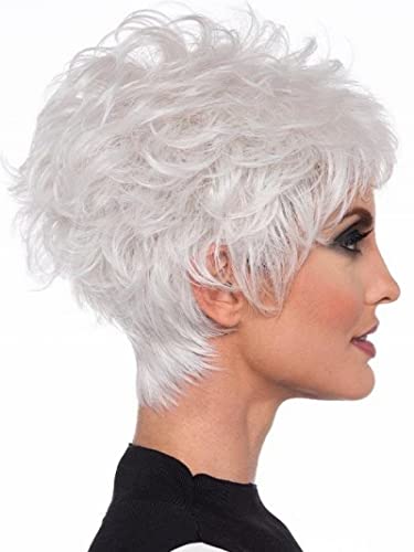 Pixie Cut Silver Wig, Slanted Bangs, Short Curly Hair, Fluffy White Wig, Middle-Aged and Elderly Womens Natural Hair for Daily Use - Image 2