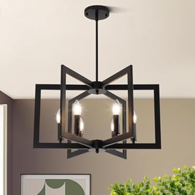 Black Farmhouse Chandelier, 6-Light Geometric Dining Room Fixture, Modern Industrial Foyer Lighting Fixtures, Rustic Farmhouse Hanging Pendant Lights for Living Room, Bedroom, Entryway, Kitchen Island