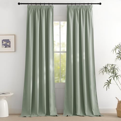 PONY DANCE Cortinas 100% Opacas Termicas Aislantes Frio y Calor, Curtains Blackout for Living Room/Bedroom/Salon/Cocina con Fruncidas o Bolsillos 2 Piezas,140x245cm,Verde Salvia