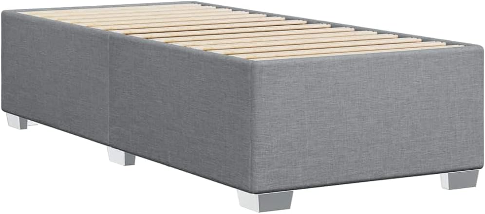 Close-up view of the wooden slats and the upholstered frame edge of the vidaXL Twin Fabric Bed Frame.