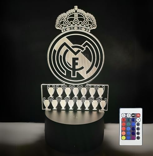 Genérico Lampara Madrid, 15 Copas personalizada, Regalo para Niños,16 Colores, Escudo de Fútbol para Niño y Adulto.Luz Led Nocturna,Control Remoto, 3D Táctil. Iluminación Interior.