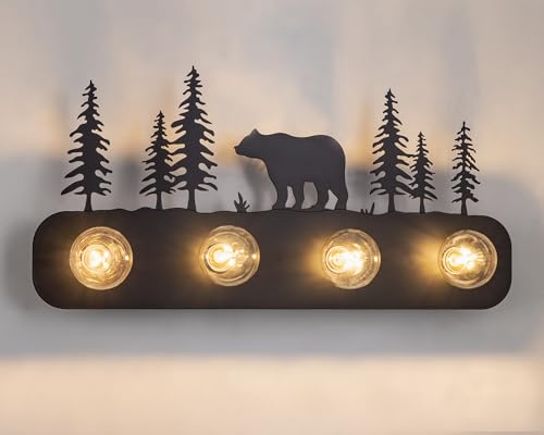 Image of TOCHIC Rustic Bathroom Light Fixtures, 4 Lights Farmhouse Bathroom Vanity Light Over Mirror Dimmable, Western Bear Sconces Wall Lighting for Mirror Cabinets, Powder Room, Living Room, Black, 26 inchL