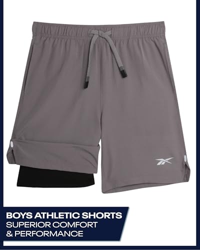 Reebok Boys Athletic Shorts - 1/2 Pack Lightweight Performance Mesh Basketball Running Shorts for Boys with Compression Liner, Size 8, Pure Grey - image 3