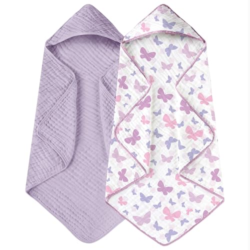 Image of Yoofoss Hooded Baby Towels for Newborn 2 Pack 100% Muslin Organic Cotton Baby Bath Towel with Hood for Babies, Infant, Toddler and Kids, 32x32Inch, Soft and Absorbent Newborn Essential, Butterfly