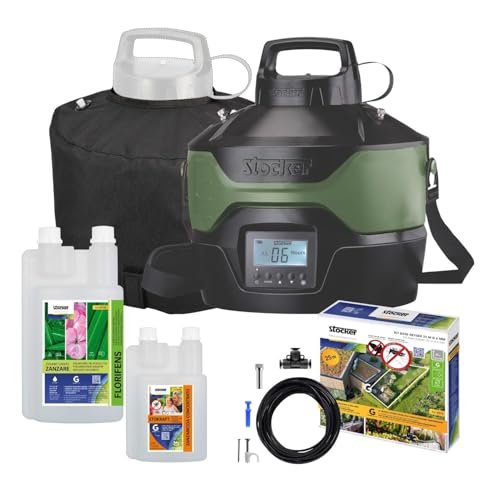 stocker – kit nebulizzatore geyser 4l con timer e pompa automatica, batteria 12v, copertura di 40 m² estendibile, sistema antizanzare con 250 ml zanzaricida e 1 l disabituante