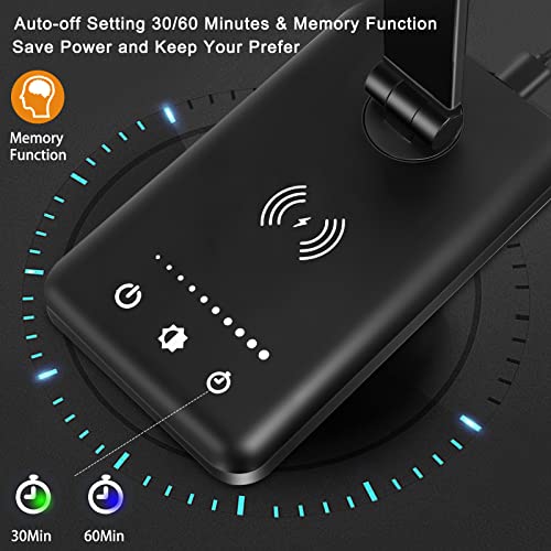 Led Desk Lamp With Wireless Charger Usb Charging Port Touch Control Led Desk Light With 5 Modes 10 Brightness Eyes Caring 30/60 Mins Auto Timer Adjustable Arm Black Desk Lamps For Home Office Dorm #TOP5