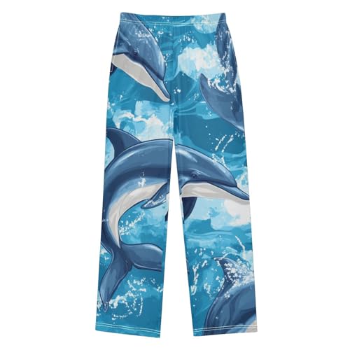 Dolphin Sea Wave Boys Long Pants Soft Trousers Elastic Waist Kids Lounge Bottoms with Pockets S-XL