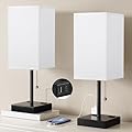 Plus Bedside Table Lamps Set of 2 - White Bedroom Lamps with 3 Colors (3000K/5000K/4000K), Square Nightstand Lamps with USB C + A Charging Ports and 2 AC Outlets, Pull Chain Night Light for End Table