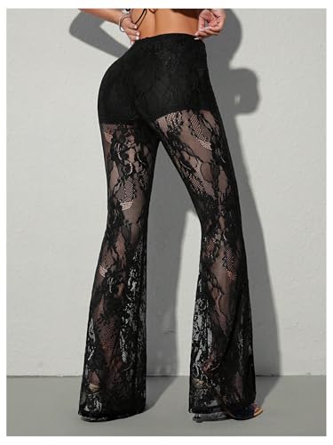 GORGLITTER Women's Gothic Lace Pants Sheer Mesh Flare Pants High Waisted Long Trousers Bell Bottoms2