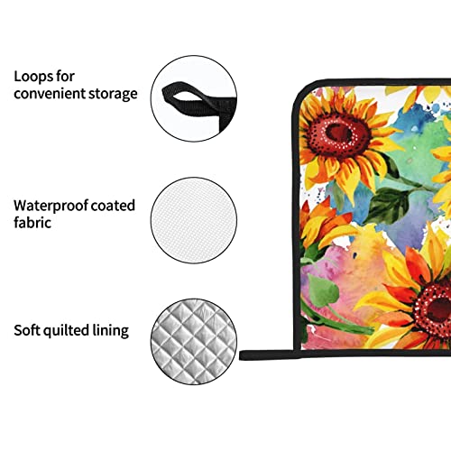 Colorful Sunflower Pot Holders Set Of 2 Heat Resistant & Non Slip Potholders, Watercolor Art Style Fire Oven Hot Pads For Kitchen Cooking Baking Barbecue #TOP3