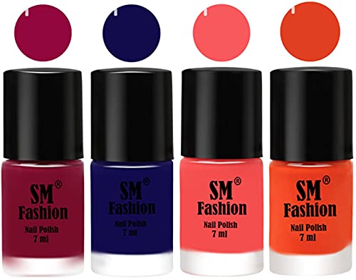 Image of Nail Polish Combo Set (Pack of 4) Quick Dry Gel Finish Nail Paint | Cherry Blossom,Dark Blue,Light Pink,Reddish Orange | 7 ml Each
