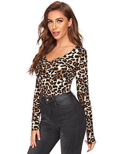 Verdusa Women's Long Sleeve V Neck Fitted Leopard Cheetah Tops3