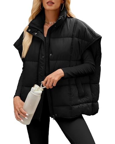 WHN Oversized Puffer Vest for Women Cap Sleeve Quilted Jacket Coat Zip Up Button Outerwear