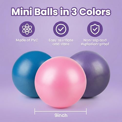 Image of RAINFLOW 3 Pcs Small Exercise Ball - 9 Inch Pilates Yoga Ball | Mini Stability Ball with Inflation Straw for Fitness Core Strength Stretching, Home Gym Office Workout and Balance Training