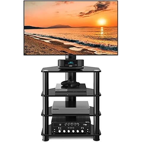 TAVR Furniture 4-Tiers Media Component TV Stand with Swivel Mount Audio Shelf and Height Adjustable Bracket, Black Floor TV Stand for 32-70 Inch LCD LED OLED Flat/Curved Screen TVs Cover