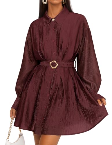 ZESICA Womens Fall Long Sleeve Cocktail Party Mini Dress Burgundy S