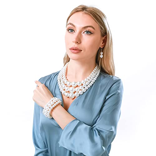 utop Large Multi Strand Chunky Pearls Necklace and Earring Set - Costume Jewelry for Women2