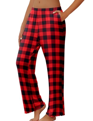 Ekouaer Pajama Pants Women Soft Casual Lounge Pajama Bottoms Comfy Stretch Sleep Pants Wide Leg Pj Bottoms with Pockets,Black Red Plaid,M