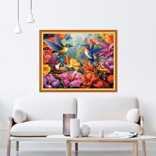 Image of DMCVIVR Stamped Cross Stitch Kit for Beginners - Adults Embroidery Kit - 11CT-Flower Hummingbird - 16x20 inches