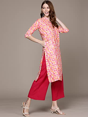 Image of anubhutee Women's Cotton Pink Floral Printed Straight Kurta