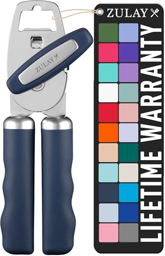 Zulay Kitchen Tin Opener - Heavy Duty Can Opener Manual with Bottle Key - Rust Proof Stainless Steel Arthritis-Friendly Hand Tool for Seniors with Turn Knob & Comfy Soft Good Grip Handles - Blue