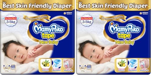 Image of Mamypoko New Baby| Tape Style Baby Diapers, 48 Count, 3-5kg||2x Instant Absorption| Soft stretchy fit |Natural Extracts for Nourishment | Loose Stool Stopper, Wetness Indicator (Pack of 2)