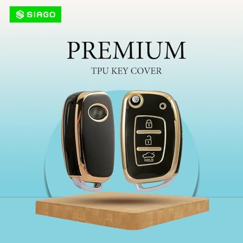 Image of SIAGO SIA361 TPU Key Cover and Metal Keychain Compatible for Hyundai i 20, Xcent,Verna Flude 3 Button Flip Smart Key Cover (Black Pack of 1)