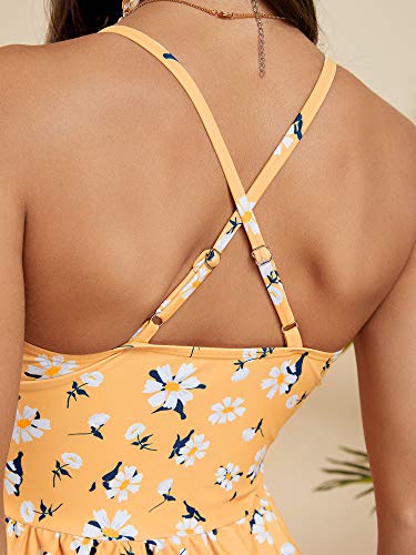 Tutorutor Women High Waisted Swimsuits Peplum Tankini Set Ruffle Floral Print Teen Spaghetti 2 Piece Halter Bikini3